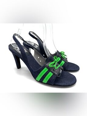 Rodolphe Menudier Denim Neon Green Slingback Heels 38 NIB Y2K